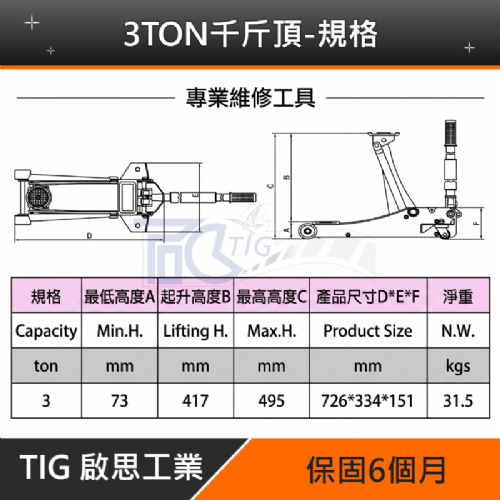 TIG啟思工業 3TON雙油壓缸千斤頂+3TON頂車架2個